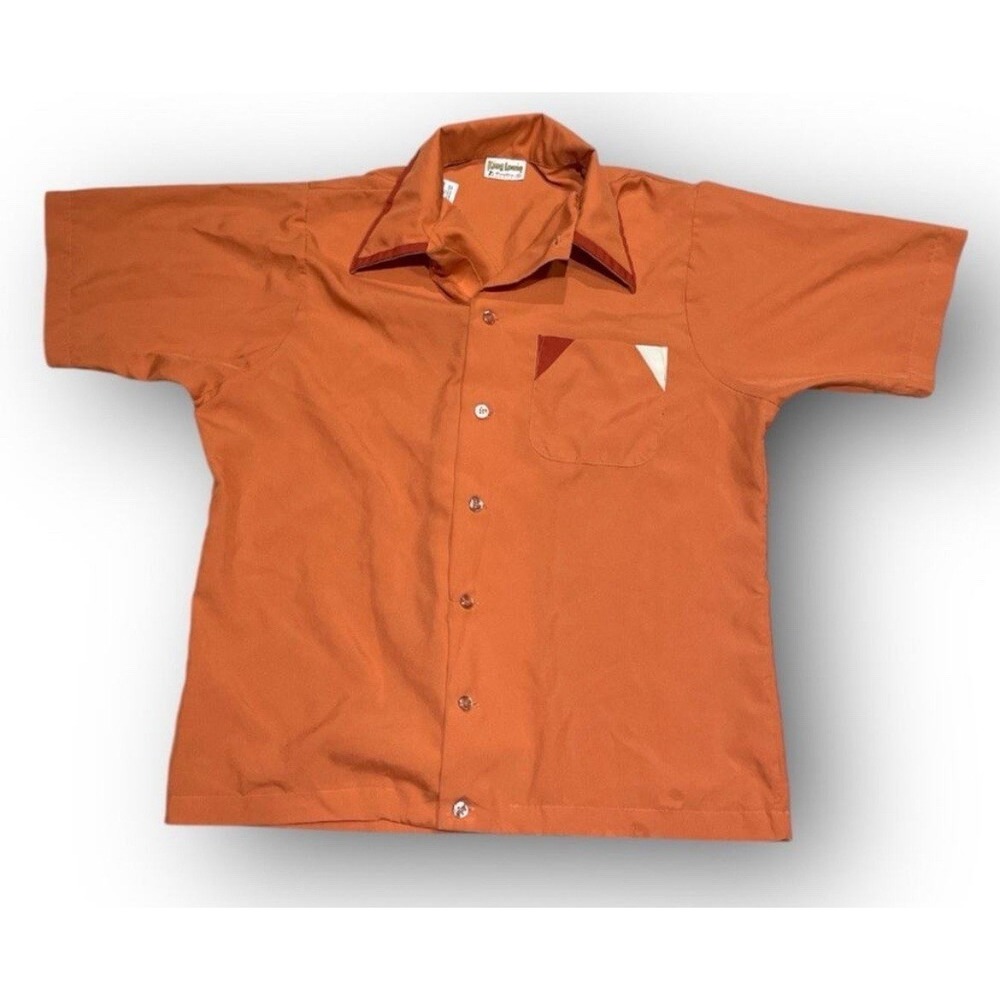 Vintage 1970s King Louie Bowling Shirt Size M Medium Orange 22"x26" "stain"